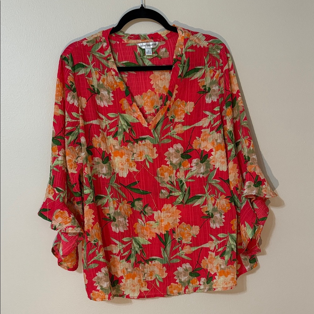 Counterparts Bright Colors Floral V-Neck Blouse, size XL, Lightweight
